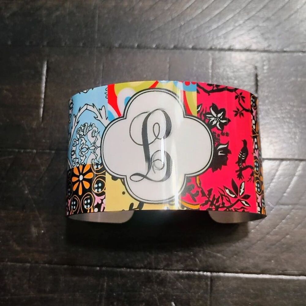 Initial L Cuff Bracelet Very Colorful Multicolor Pattern Patchwork Boho Monogram